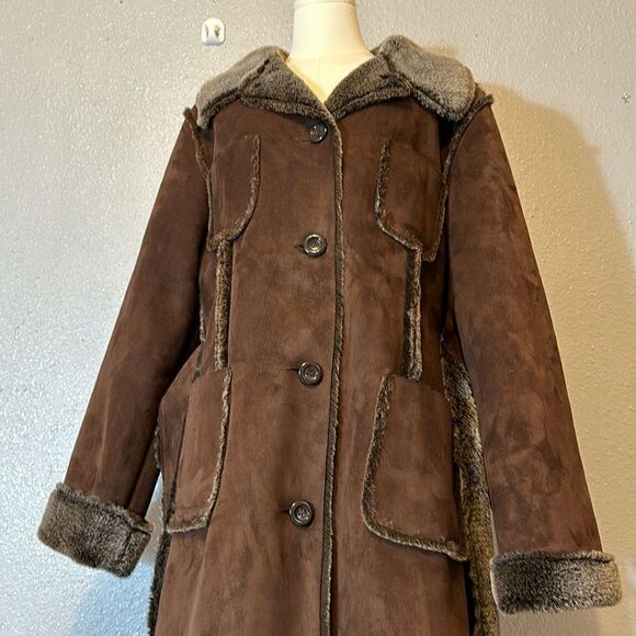 Vintage Baby Phat women’s faux fur lined long sleeve coat/jacket suede size L - Picture 1 of 17